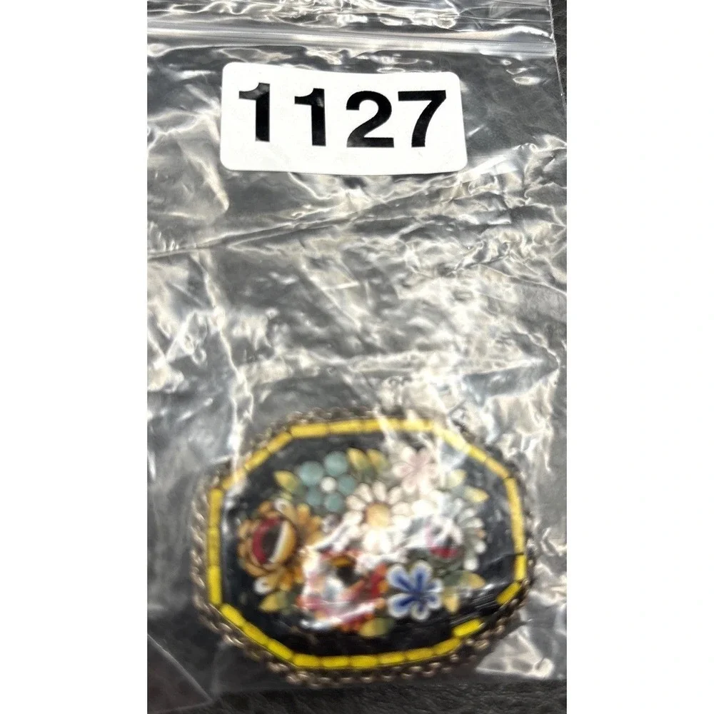 Vintage Micro Mosaic Italian Italy Floral Brooch Yellow Red Black Pin READ